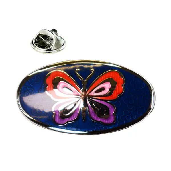 Blue oval butterfly pin badge