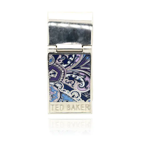 Die stamped, palladium plated money clip with multi tonal enamel inlay floral design.