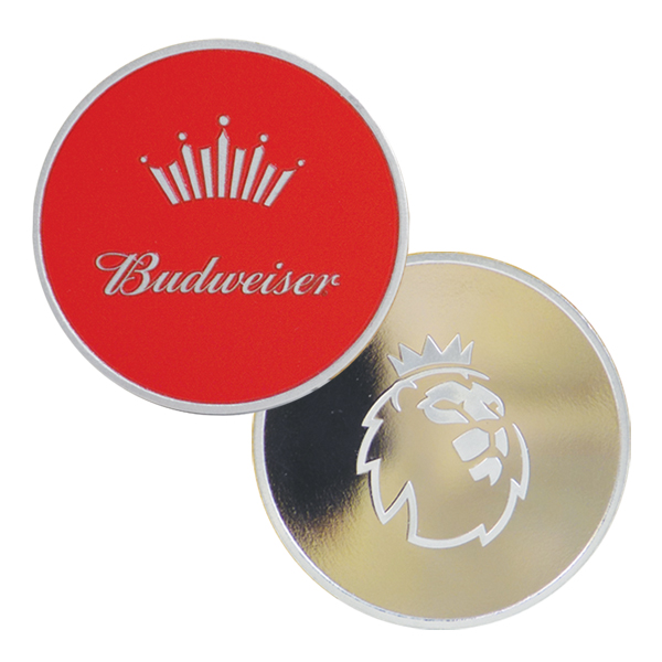 Die stamped, silver plated double sided coin with Budweiser and EPL lion logos.