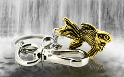 Die cast, gold plated goldfish key-ring with palladium plated chain, rings and quick release clasp.