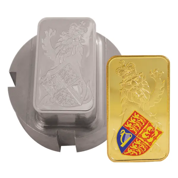 Die stamped, gold plated Lion of England ingot with stamping die.