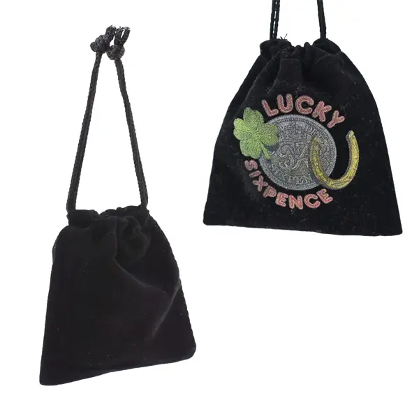 Black, velvet, drawstring gift pouch.