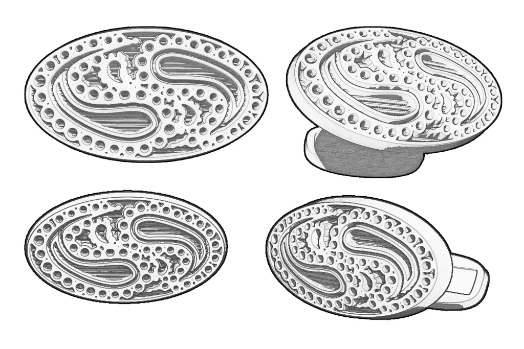 Rendered sketch of paisley cufflinks.