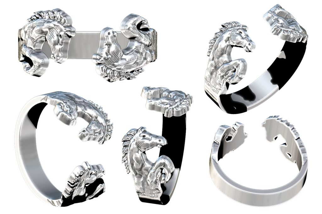 3D horse ring model rendered in Sterling silver from various different viewpoints.