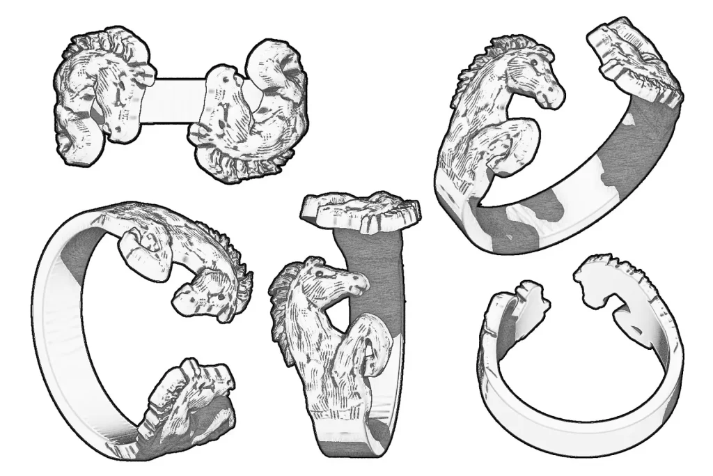 Initial sketches of the sterling silver horse ring.