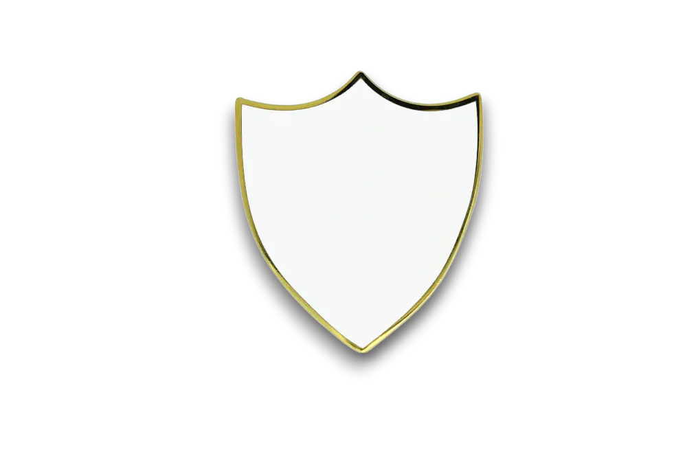 A blank shield-shaped metal badge with a smooth, printable surface. Gold plate