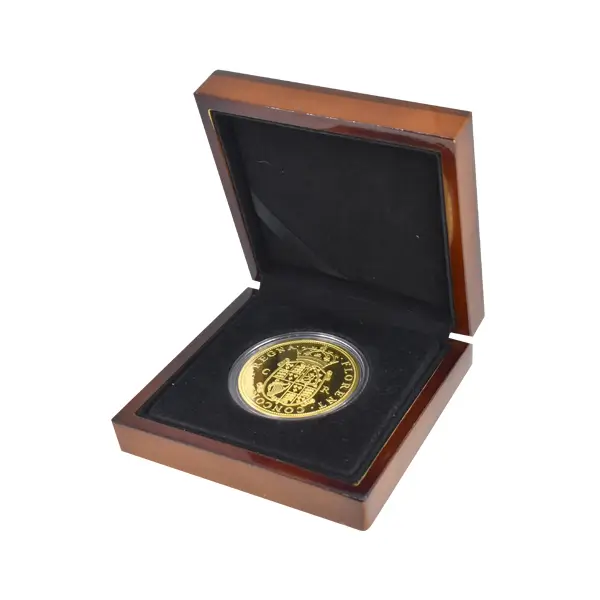 Boxed Historic Replica Gold Coin featuring Charles II coat of arms.