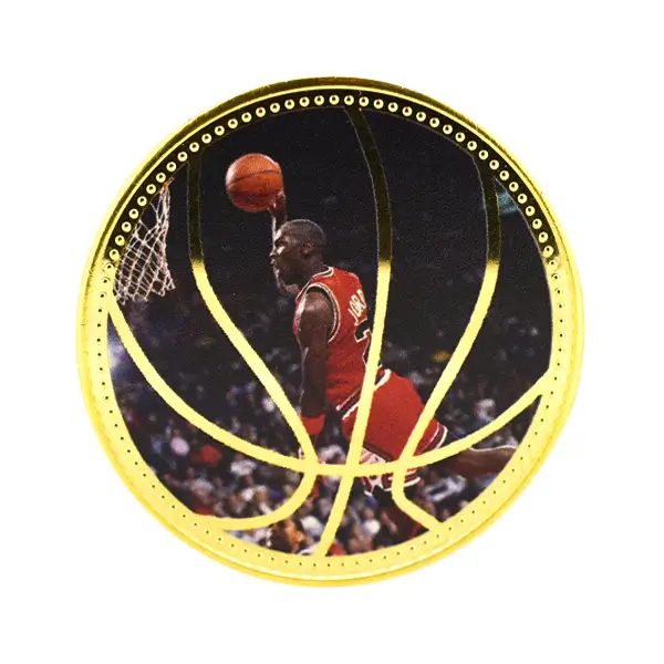 Die stamped, gold plated stock coin with Basketball cut out partial print.
