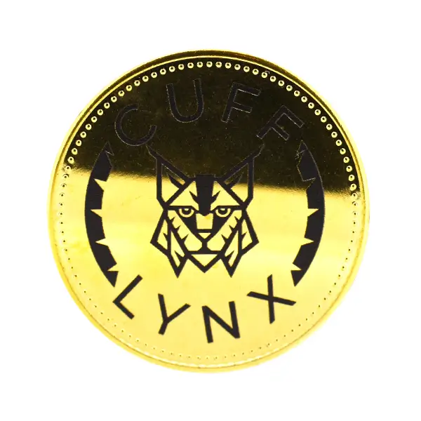 Die stamped, gold-plated stock coin with Cuff Lynx logo print.