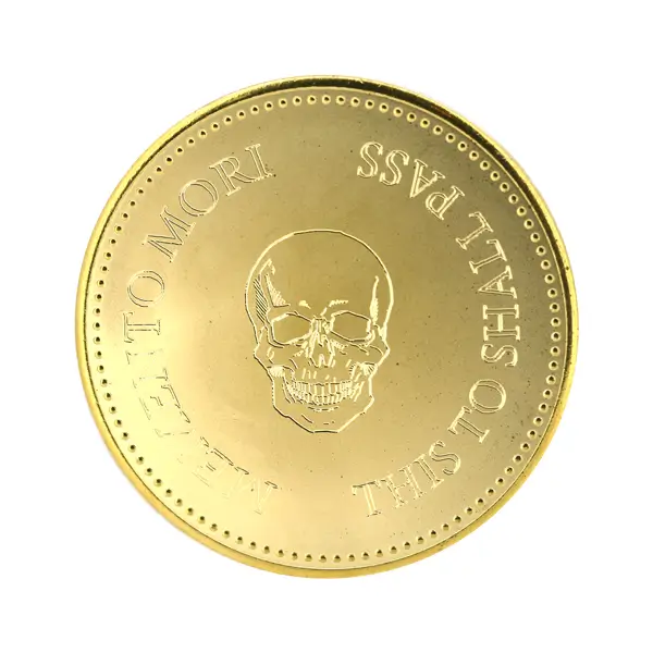 Die stamped, gold-plated stock coin with custom skull logo engraved design.
