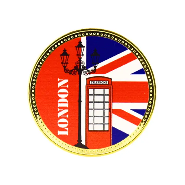 Die stamped, gold plated stock coin with London themed print.
