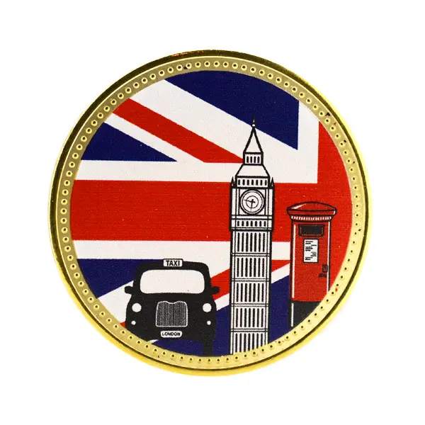 Die stamped, gold plated stock coin with alternative London icon themed print.