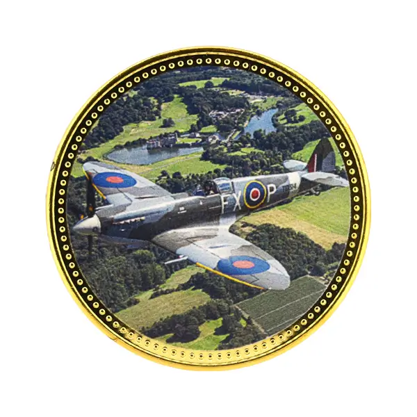 Die stamped, gold plated stock coin with Spitfire artwork print.