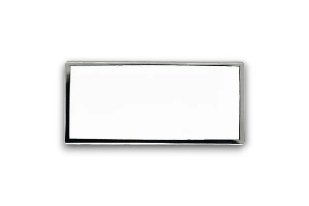 A 32x15mm rectangular nickel-plated blank badge, smooth and ready for custom printing.