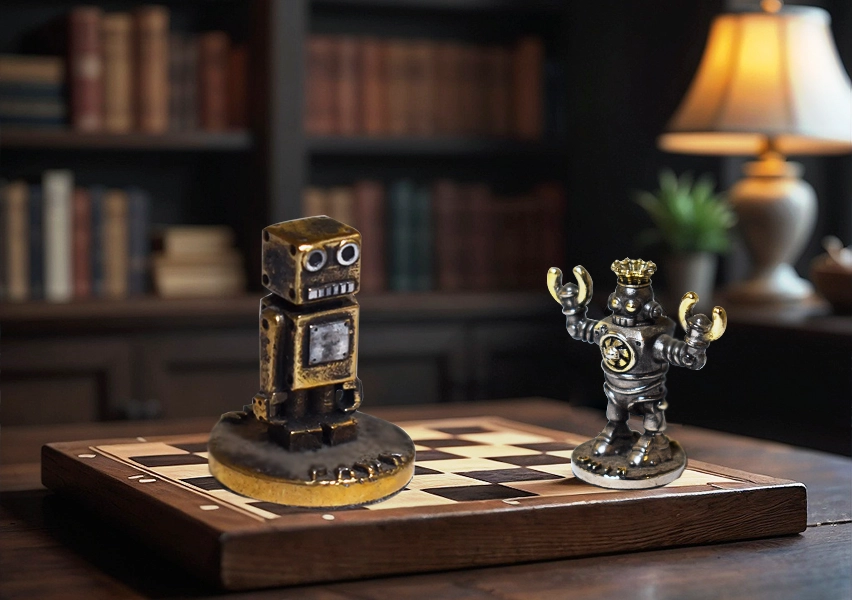 A modern robot chess set with pieces on a chessboard