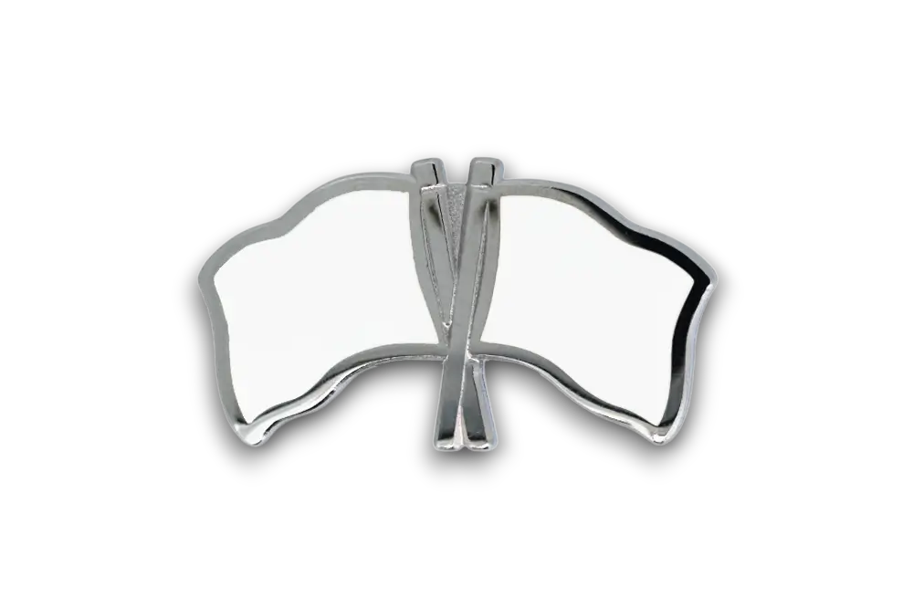 A 25x14mm double flag shaped silver-plated blank badge, featuring a cutout design and smooth surface for printing national or club flags.