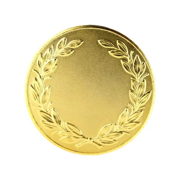 Gold-plated sterling silver coin with a classical wreath surrounding a blank center for engraving.