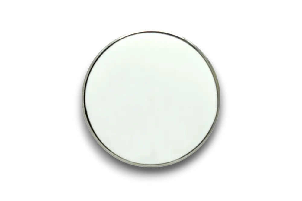 A small, 21mm white round badge with a gleaming chrome-plated finish, ready for custom printing.