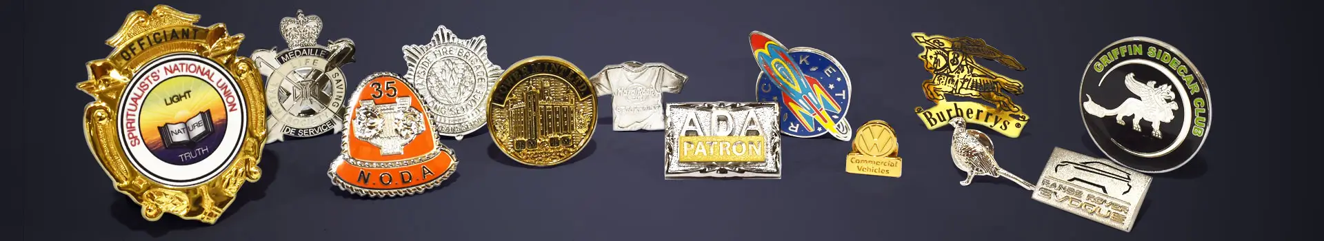 Die stamped, Die cast Badges with enamel inlay and ECO UV Print.