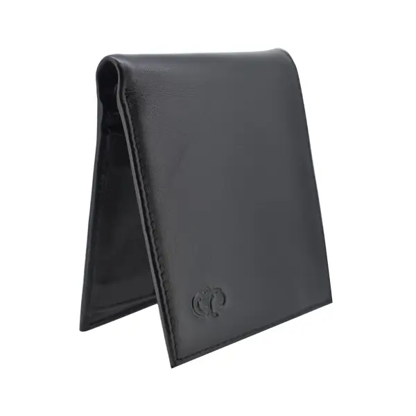 Bi-fold, black leather card holder.