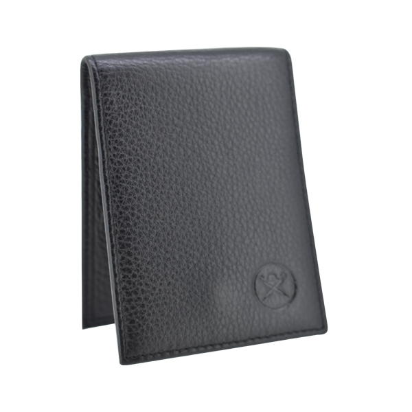 Bi-fold, black leather wallet.