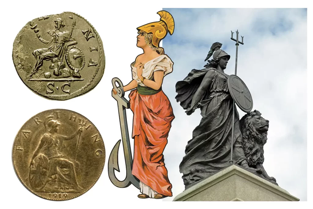 Exploration of the Britannica character featuring coins, sketches and statues.