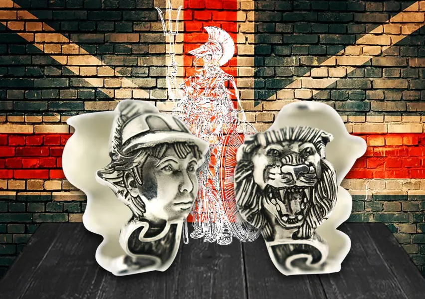 The Britannia Ring featuring the Lady Britannia and Lion of England Heads against an Union Jack backdrop.