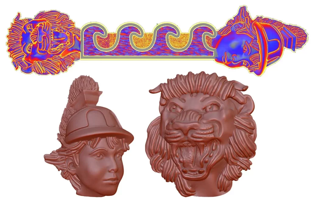 The Lady Britannia and lion head relief models alongside the height analysis map of the final ring design.