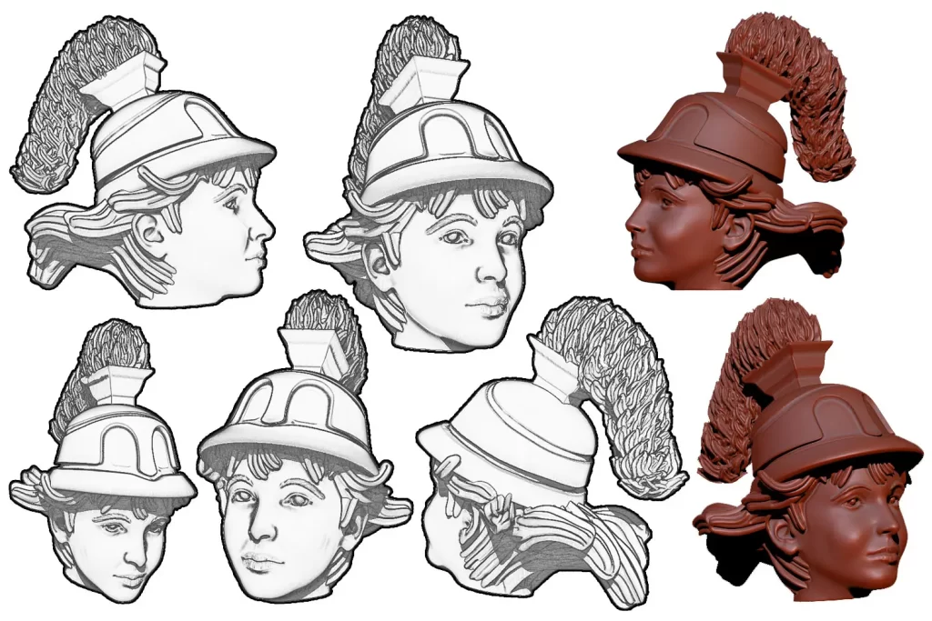 Sketches and CAD models of Lady Britannia's head from various different angles.