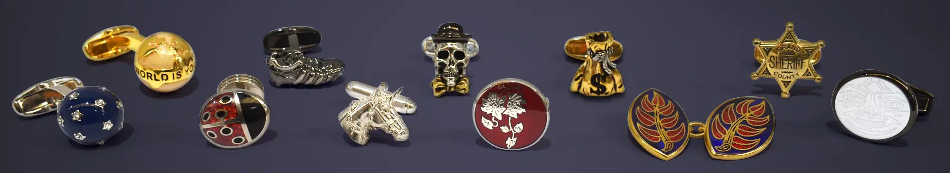 Die stamped, die cast, enamel and precious stone cufflinks.