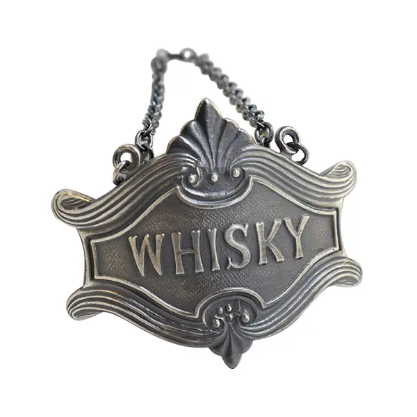 Die stamped, antique silver plated decanter label.