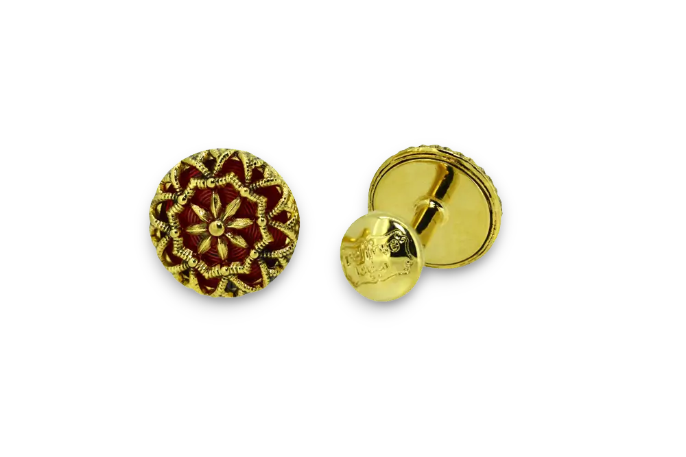 Die cast, gold plated flower design cufflinks with red enamel inlay.