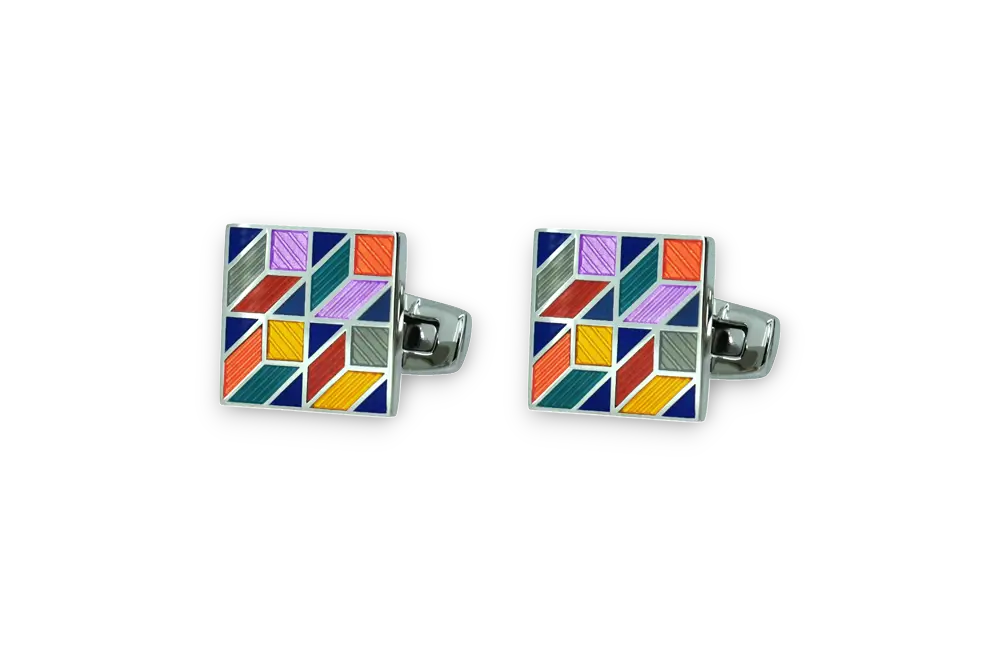 Die stamped, square cufflink with multi coloured trans enamel inlay to allow the pattern detail beneath to be seen.