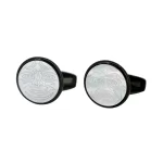 Die stamped, gun metal plated circular cufflinks with Mother of Pearl stone inlay and engraved faces design.