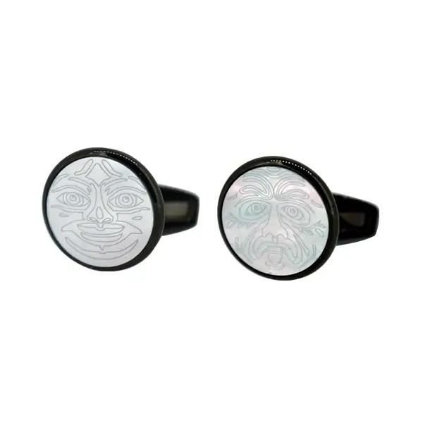 Die stamped, gun metal plated circular cufflinks with Mother of Pearl stone inlay and engraved faces design.