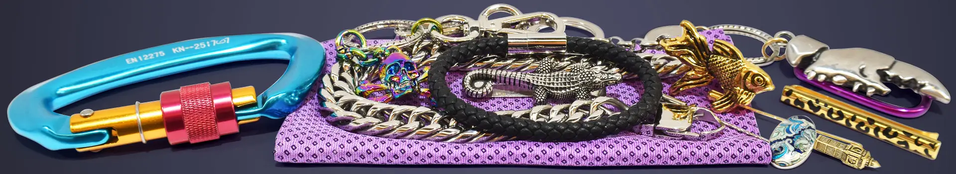 Carabiner clips, bracelets, keyrings, tie slides and stick pins.