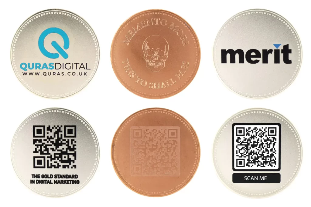 Examples of bespoke B2B promotional coins with different plating finishes.