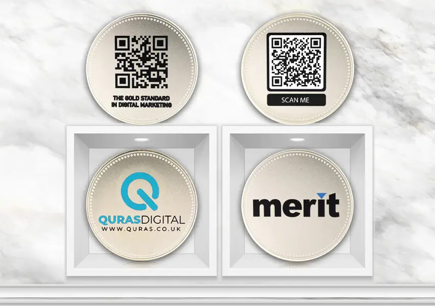 B2B bespoke, promotional coins including ECO UV printed business logos and QR codes.