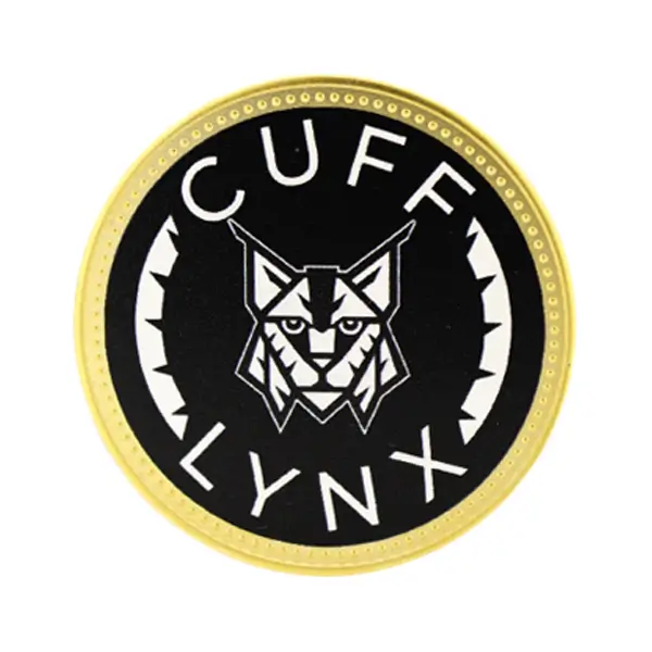 Die stamped, gold plated Cuff Lynx logo Eco UV Printed coin.