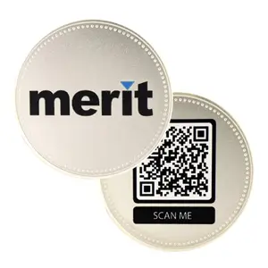 Die stamped, silver plated bespoke coin with ECO UV print on both sides to promote the company Merit.