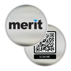 Digital artwork mock up of the Merit logo coin with QR code on the reverse.