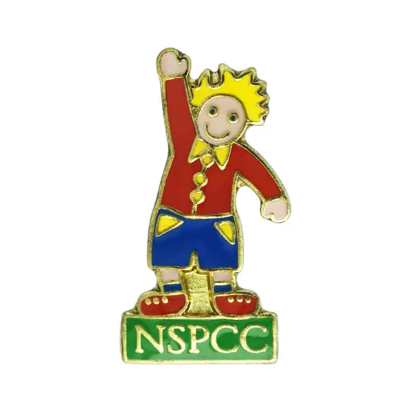 Die stamped, Gold plated NSPCC pin badge with multi tonal enamel inlay.