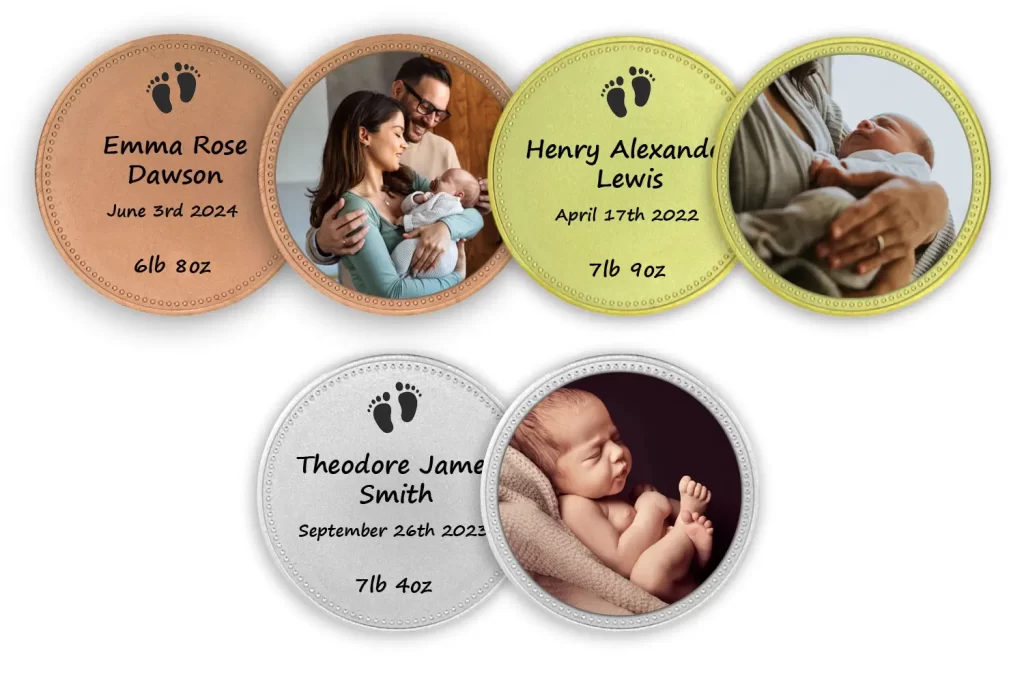 Die stamped, personalised coin to commemorate a newborn baby.