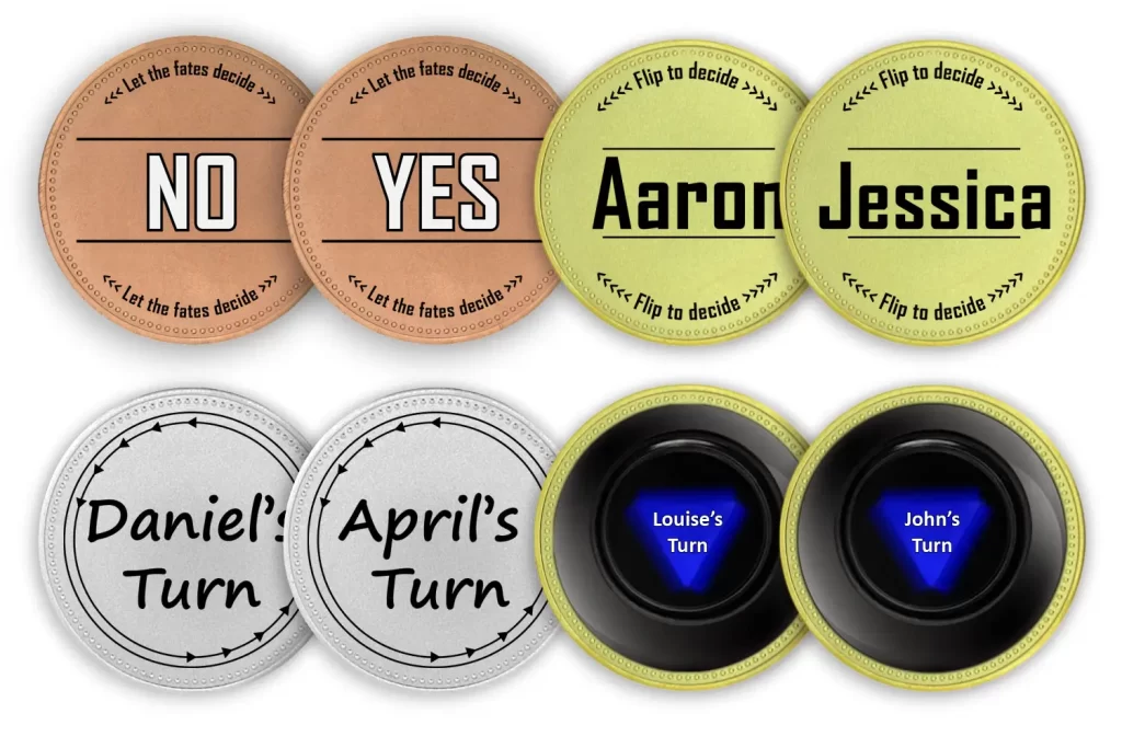 Die stamped, personalised decision making coin in a range of plating finishes.