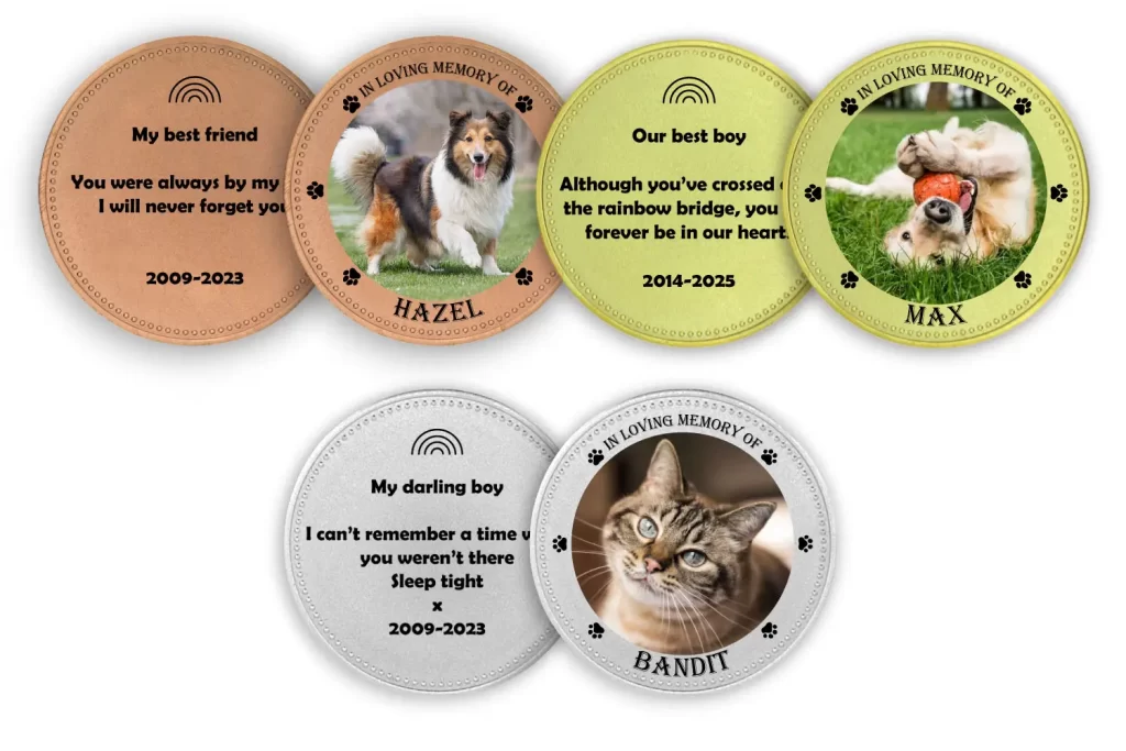 Die stamped, personalised coin for a pet memorial.