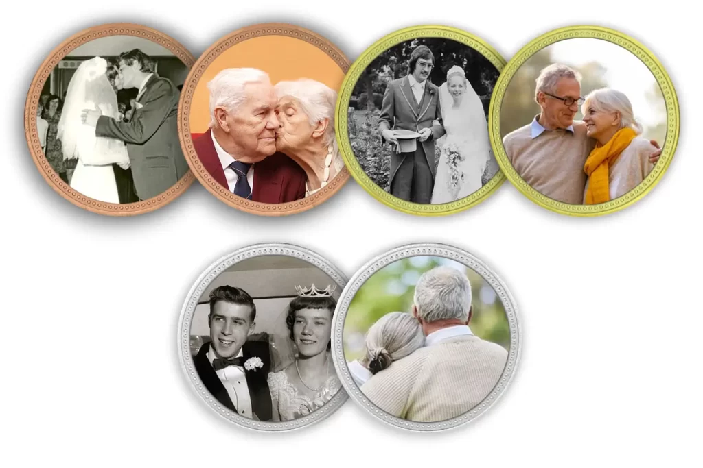Die stamped, personalised coin to commemorate a wedding anniversary.