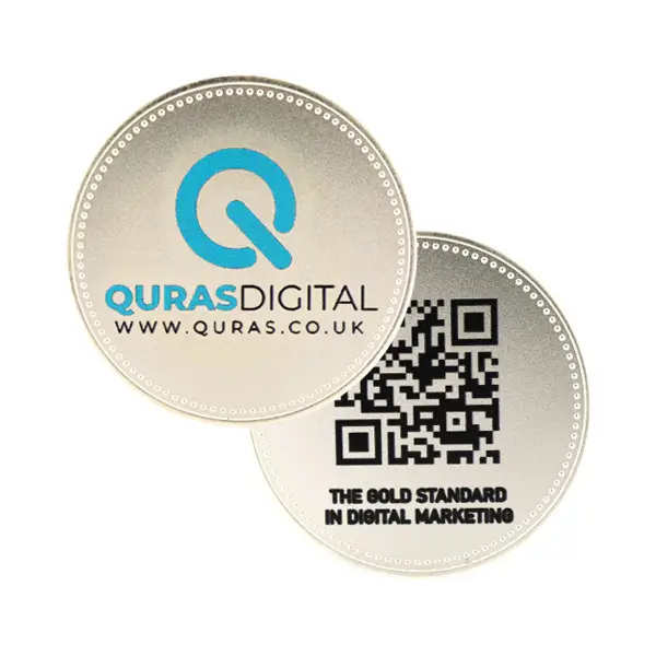 Die stamped, silver plated Quras Digital Logo coin with QR code print on reverse.