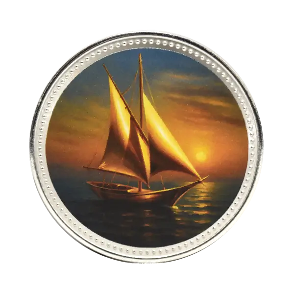Silver-plated commemorative coin with full-colour ECO UV print, traditional dhow sailing at sunset