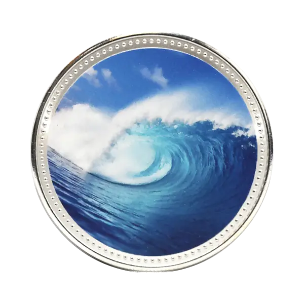 Full-colour custom collector coin, ocean wave design, silver-plated, 38.6mm diameter, flat view